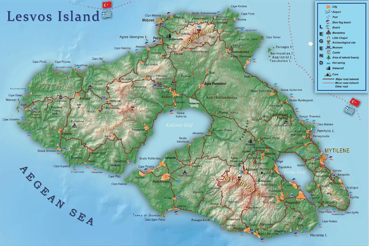 mappa di Lesbo, Grecia
